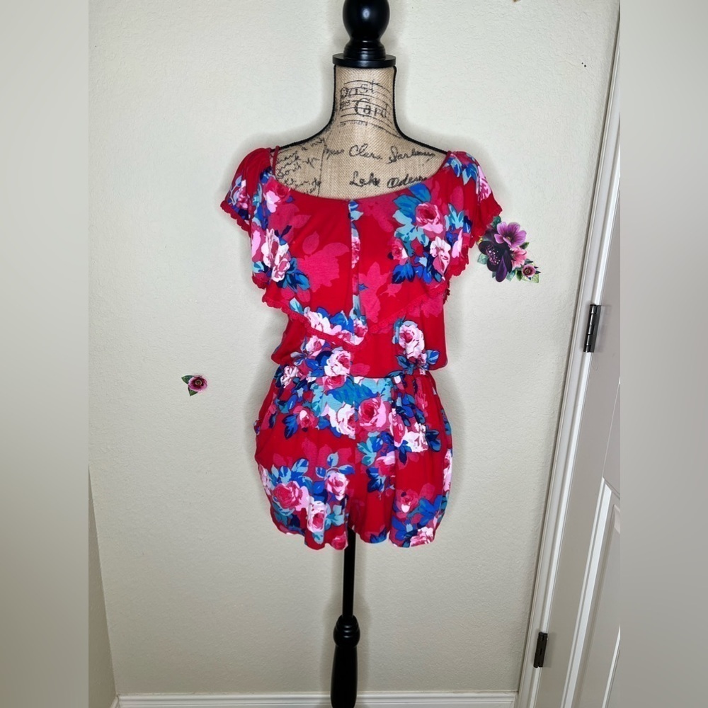 Jessica Simpson Norah Red Blossom Floral Ruffled Stretch Romper Size XS